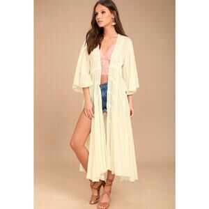 Free People Curved Gauze Cotton Lace-Trim Duster Kimono Cardigan - Cream S